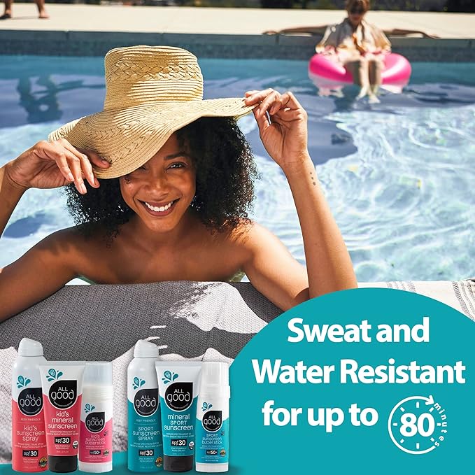 All Good Sport Face & Body Sunscreen - UVA/UVB Broad Spectrum, Water Resistant, Coral Reef Friendly - (2) SPF 50 Butter Sticks & (2) SPF 30 Lotions