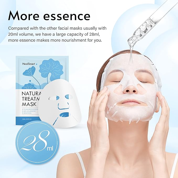 HealSmart 10 Pack Facial Mask 72 Hour Moisturizing and Soothing Face Mask Sheet Improve Skin Clarity and Radiance, for All Skin Types, High Capacity, Made in Korea