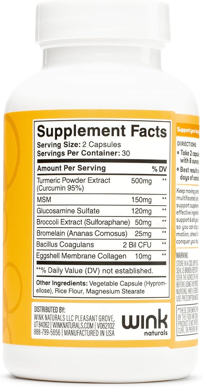 Wink Well Agility Joint & Body Care - Dietary Supplement Includes Turmeric and Glucosamine - Provides Support for Joint Care and Heart Brain Immune Health Support 60 Capsules