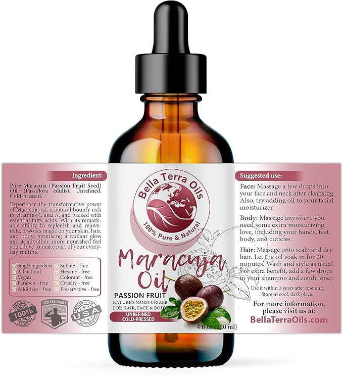 Bella Terra Oils - Maracuja Seed Oil 4oz - Dive into The Passion Fruit's Nutritional Profile, Enriched with Vitamin A & Essential Fatty Acids, for Natural Skin Nourishment