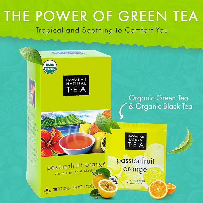 Hawaiian Natural Tea Passion Fruit Orange Flavored Organic Tea - Tropical Fruit Green Tea Blend with Black Tea - Perfect Daily Cup & Gift for Tea Lovers - 60 Tea Bags