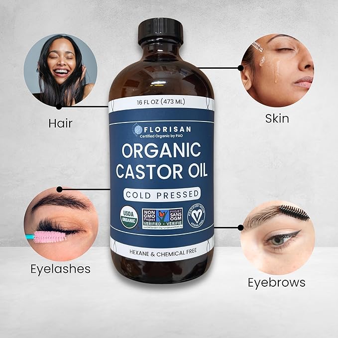 Florisan Organic Castor Oil, EWG Verified & USDA Organic Certified, 16oz, Cold-Pressed, Hexane-Free, Non-GMO, For Hair, Skin, Lashes, Brows, 100% Pure Castor Oil