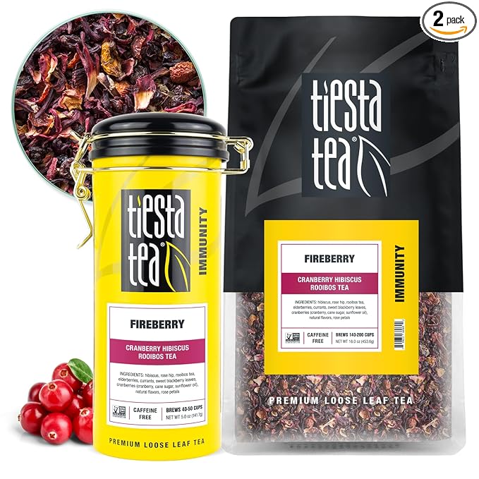 Tiesta Tea - Fireberry | Loose Leaf | Cranberry Hibiscus Rooibos Tea | Premium Non-Caffeinated Rooibos Blend | Make Hot or Iced | Brews Up to 250 Cups | 16oz Bulk Pouch & 5oz Refillable Tin Combo