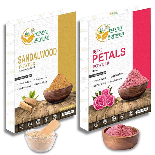 Sandalwood & Rose Petal Powder Combo Natural Powder Pack for Face Masks, DIY Beauty & Skincare 2 Packs Each 3.5 oz Finely Ground for Smooth Application