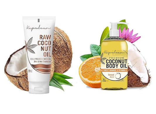 Kapuluan Raw Coconut Oil for Skin, Hair – Raw Extra Virgin Coconut Oil 200ml and Massage Body Oil, Orange Essential Oil - 8 oz - Bundle