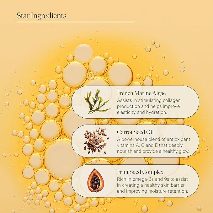 Golden Ray Glow Face Oil, 13ml. Collagen Boosting, Natural Skincare Moisturizing & Hydrating Facial Oil for Women. Incr Elasticity w/French Marine Algae, Jojoba & Rosehip for Fine Lines & Wrinkles