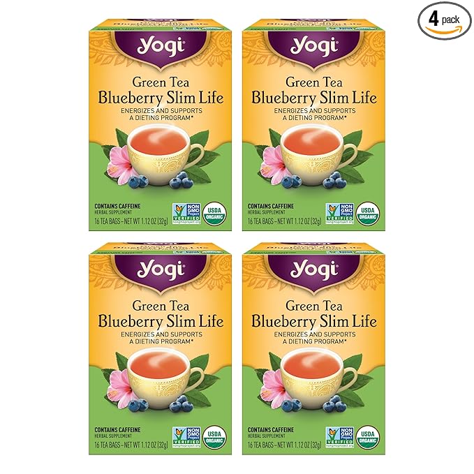 Yogi Tea - Green Tea Blueberry Slim Life (4 Pack) - Energizes and Supports a Dieting Program with Garcinia Cambogia - Contains Caffeine - 64 Organic Tea Bags