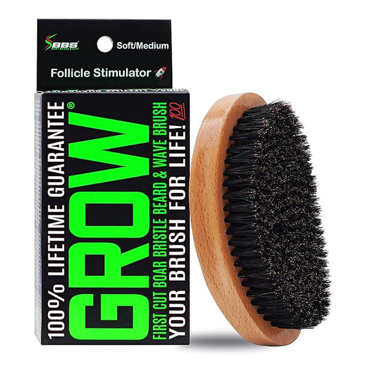 GROW First Cut Boar Bristle Beard & Wave Brush for Men 360 - Beard/Hair Growth Follicle Stimulator - Exfoliate - Detangle - Moisturize - Improve Circulation & Blood Flow (USA)