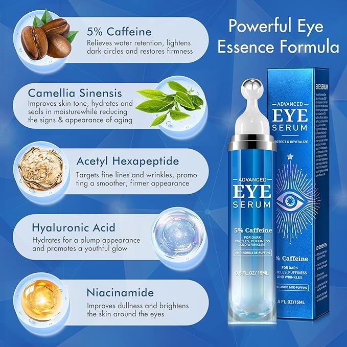 Advanced Eye Serum with Caffeine & Retinol,Eye Treatment Cream for Dark Circles Under,Anti Aging Eye Serum with 360°Massage Roller for Eye Massage Ball-0.5 fl.oz