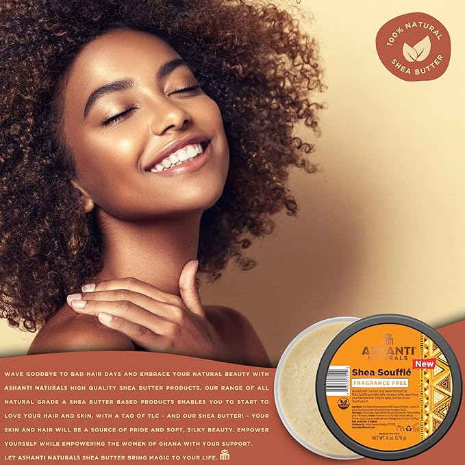 Whipped Shea Butter | Unrefined Shea Butter from Ghana, Coconut and Almond Oil (Fragrance Free Souffle, 8 oz)