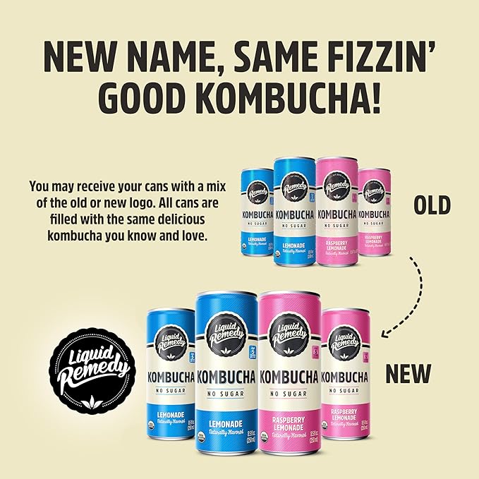 Liquid Remedy Kombucha Sugar Free Organic Drink, Low Calorie, Probiotic Like Tea for Gut Health - Lemon Lovers Variety Pack - 8.5 Fl Oz Can, 12-Pack