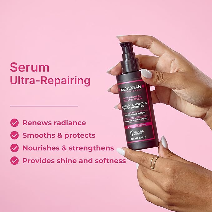 KERARGAN - Ultra Repairing Keratin Hair Serum for Damaged Hair - Protective, Smoothing - Natural Oils of Castor, Macadamia, Argan - Sulfate-Free, Non-GMO, No Mineral Oil - 3.4 Fl oz