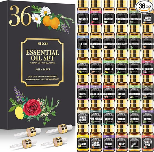 Essential Oil Set - 100% Natural Essential Oils 36 x 5ML - Essential Oils Gift Set for Diffuser, Humidifier, Aromatherapy, Massage, Soap, Candle Bath Bombs Making