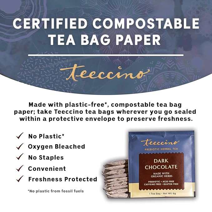Teeccino Dark Chocolate - Prebiotic SuperBoost™ Herbal Tea - Support Your Probiotics with Prebiotics For Good Gut Health and Regularity, Digestive Chocolate Tea, 10 Tea Bags