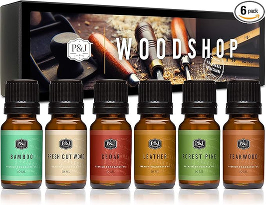 P&J Trading Fragrance Oil Woodshop Set | Forest Pine, Fresh Cut Wood, Leather, Teakwood, Bamboo, and Cedar Candle Scents for Candle Making, Freshie Scents, Soap Making Supplies, Diffuser Oil Scents