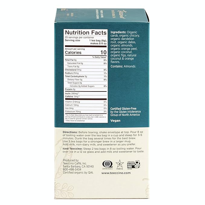 Teeccino Dandelion Coconut Tea - Caffeine Free, Roasted Herbal Tea with Prebiotics, 3x More Herbs than Regular Tea Bags, Gluten Free - 25 Tea Bags
