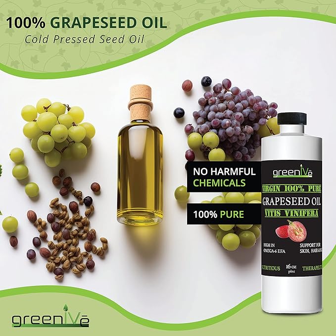 GreenIVe Grapeseed Oil Organically Grown 100% Pure Cold Pressed Light Flavor High Tempurature Cooking 16oz
