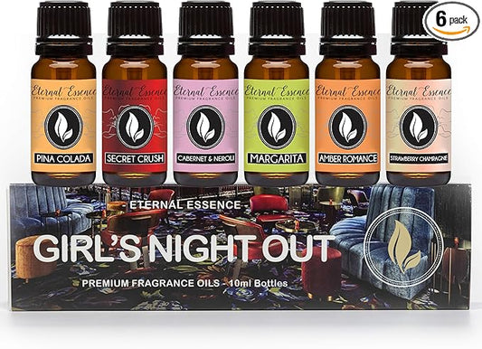 Eternal Essence Oils Girl's Night Out Set of 6 Premium Fragrance Oils - Includes Strawberry Champagne, Pina Colada, Secret Crush, Margarita, Amber Romance, and Cabernet & Neroli Scented Oils - 10ML