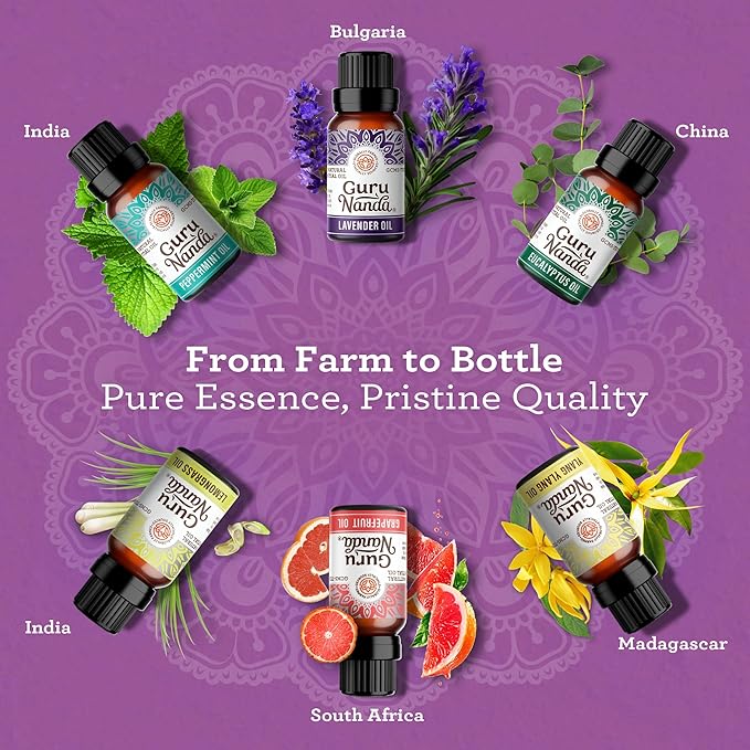 GuruNanda Essential Oils Set for Diffusers, 100% Pure, Aromatherapy, Massage, Candle & Soap Making Lavender, Peppermint, Eucalyptus, Grapefruit, Lemongrass, Ylang Ylang 0.33 Fl Oz (Pack of 6)