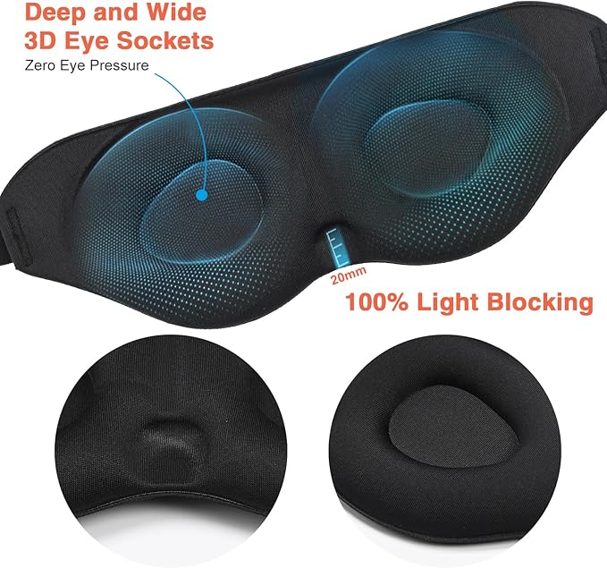 Sleep Eye Mask for Men Women 3D Contoured Cup, Concave Molded, Block Out Light, Molded Soft Comfort Eye Shade with Adjustable Strap (KT-Black, 1 Count (Pack of 1))