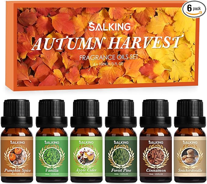 SALKING Autumn Fragrance Oils, Premium Fall Essential Oils for Diffuser, Scented Oils Gift Set for Soap Candle Making Scents - Cinnamon, Pumpkin Spice, Apple Cider, Vanilla, Forest Pine, Snickerdoodle