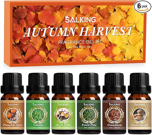 SALKING Autumn Fragrance Oils, Premium Fall Essential Oils for Diffuser, Scented Oils Gift Set for Soap Candle Making Scents - Cinnamon, Pumpkin Spice, Apple Cider, Vanilla, Forest Pine, Snickerdoodle