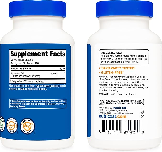 Nutricost Hyaluronic Acid Capsules 100mg,120 Vegetarian Capsules - Gluten Free, Non-GMO