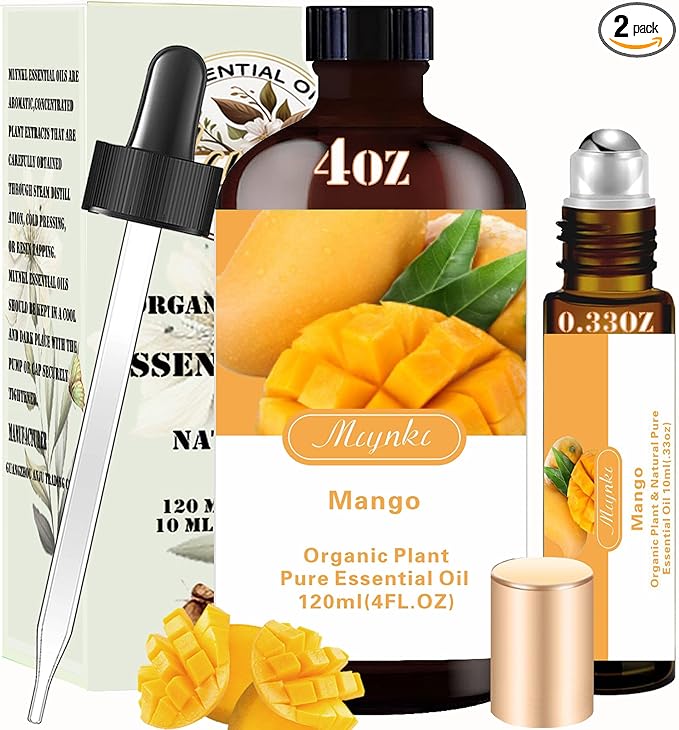 Mango Essential Oil - Mango Oil 4 Fl Oz & Roll On 10ML Essential Oil Set for Humidifier Home Fragrance Bath SPA Cleaning Massage Yoga Candle Making DIY Soap Perfume Gift for Women