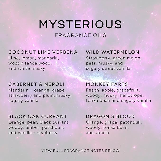 Eternal Essence Oils Mysterious Set of 6 Premium Fragrance Oils - Coconut Lime Verbena, Cabernet & Neroli, Dragons Blood, Wild Watermelon, Monkey Farts, and Black Oak Currant Scented Oils - 10ML