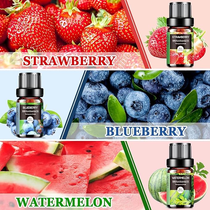 Fruity Essential Oils Set - 6x10ML Fruit Fragrance Oil for Diffuser, Aromatherapy, Candle Making - Strawberry, Cherry, Blueberry, Mango, Coconut, Watermelon Scented Oil
