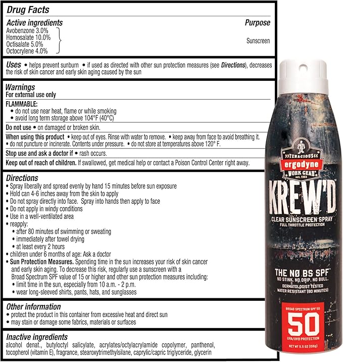 Ergodyne KREW’D 6353 Sunscreen Spray, Broad Spectrum SPF 50, Water Resistant, 5.5 oz