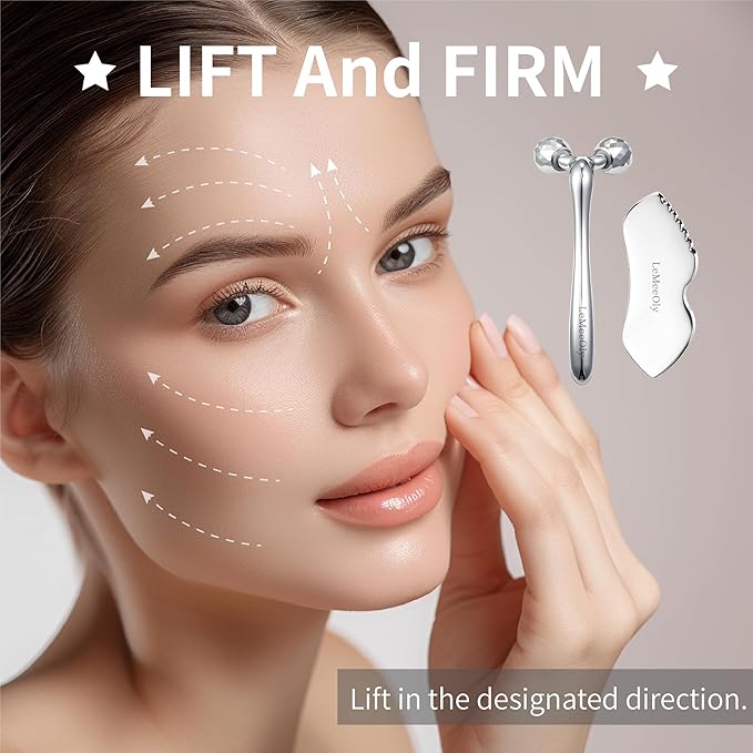 Gua Sha Facial Tools Stainless Steel & Face Roller Massager Skin Set, Metal Guasha Facial Roller Massage Tool Natural Skin Care for Face Neck Body, Reduce Puffiness Remove Wrinkles, Gift for Women