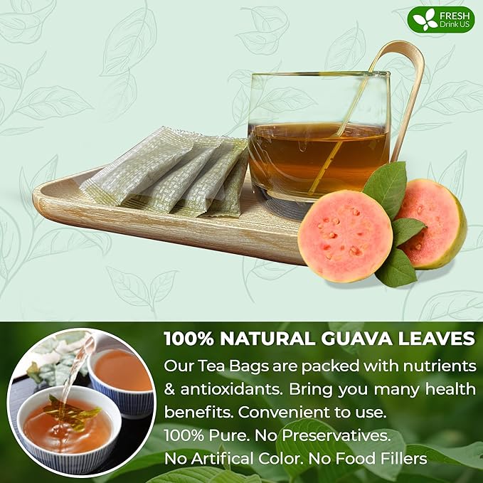 FreshDrinkUS Premium Guava Tea Bags - 15 Count, 100% Natural & Pure Herbal Tea from Guava Leaves. No Sugar, Caffeine, or Gluten. Vegan.