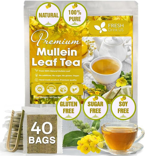 FreshDrinkUS, Premium 40 Mullein Leaf Tea For Lungs, Great Lung Detox For Smokers, Handmade, 100% Natural & Pure, No Sugar, No Caffeine, No Gluten, Vegan