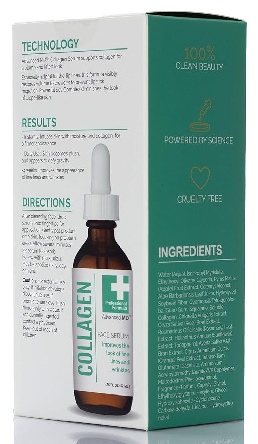 Collagen Face Serum Moisturizer For Wrinkles & Fine Lines Professional Formula To Lift & Firm By Targeting Lost Skin Elasticity. Soy Extract, Antioxidants, Peptides, 1.75 Fl Oz