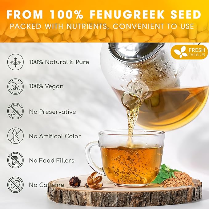 FreshDrinkUS, Premium 30 Fenugreek Tea Bags, 100% Natural & Pure from Fenugreek. Fenugreek Herbal Tea. Made with Natural Material Tea Bags. No Sugar, No Caffeine, No Gluten, Vegan.