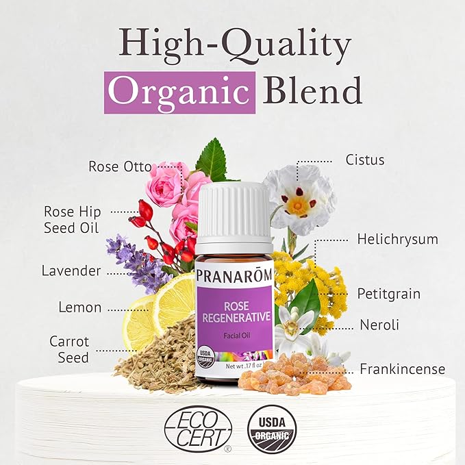 Pranarom - Rose Regenerative Facial Essential Oil Blend (5ml) - Lavender, Rosehip Seed, Frankincense, and Lemon - 100% Pure Essential Oil for Skincare | USDA and ECOCERT Certified Organic