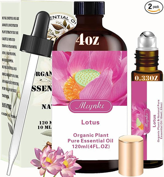 Lotus Essential Oil- Lotus Oil 4 Fl Oz & Roll On 10ML Essential Oil Set for Aroma Diffuser Humidifier Home Fragrance Bath SPA Yoga DIY Candle Making Soap Perfume Gift for Women