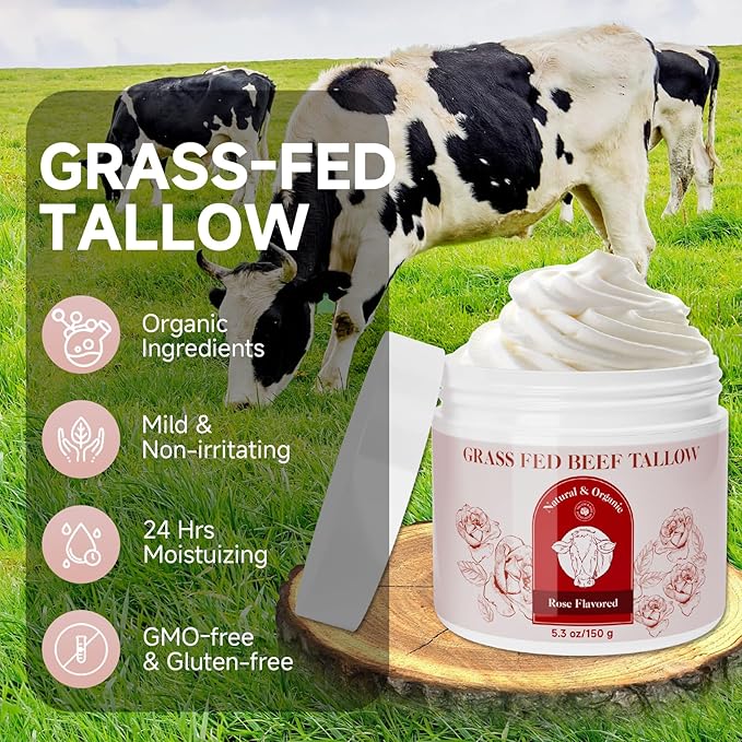 Beef Tallow for Skin, Whipped Beef Tallow For Skin, Tallow Face Moisturizer, Rose-Flavoured Whipped Tallow Face Cream Moisturizer Beef Tallow Blam Grass Fed Body Lotion Skin Care, 5.3 OZ