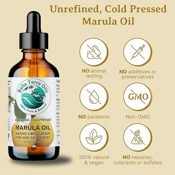 Bella Terra Oils - Marula Oil for Skin 4 oz - Dive into the Nutritional Excellence, Abundant in Vitamin C & Antioxidants, Perfect Companion for Your Face