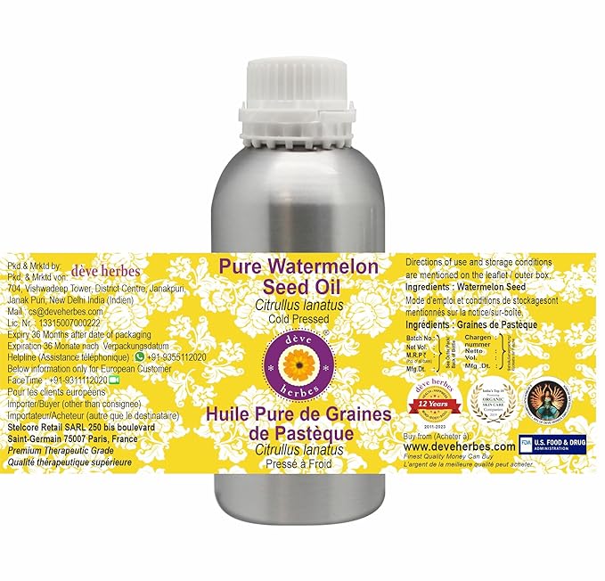 dève herbes Pure Watermelon Seed Oil (Citrullus lanatus) Cold Pressed 1250ml, (42 oz)