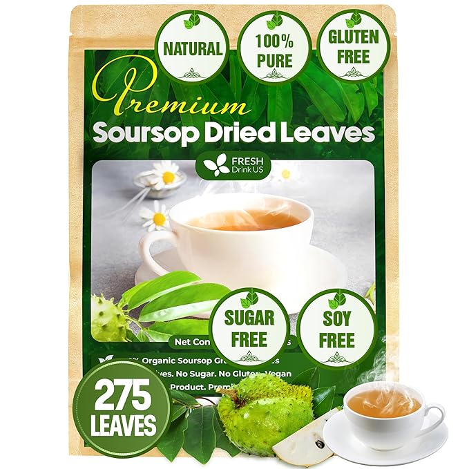 FreshDrinkUS, Premium 275+ Soursop Graviola Whole Dried Leaves Tea, 275-300 Soursop Graviola Guanabana Whole Leaves, Wildcrafted, Hoja Guanabana Loose Leaf Herbal Tea, No Gluten, Vegan
