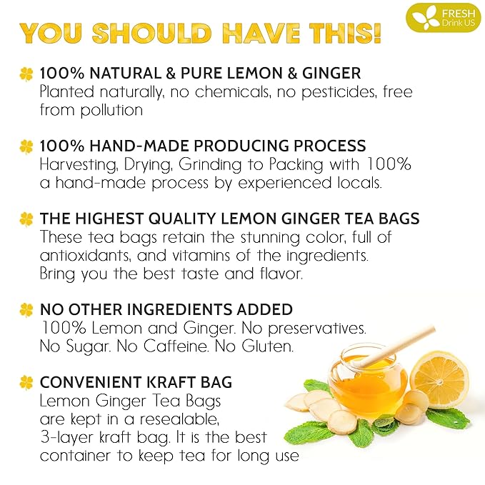 FreshDrinkUS, Premium 200 Lemon Ginger Tea Bags, 100% Natural Ingredients, Hand-made Blend of Lemon and Ginger, Eco-conscious Tea Bags. Lemon Ginger Herbal Tea. No Sugar, No Caffeine, Vegan.
