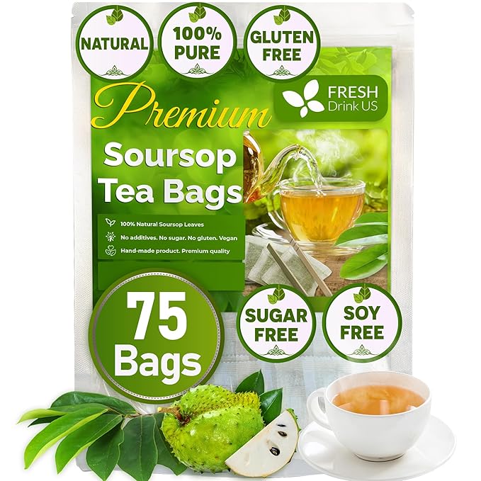 FreshDrinkUS, Premium 75 Soursop Graviola Leaf Tea Bags, 100% Natural and Pure from Soursop Leaves, Handmade, Made With Natural Materials-Corn Fiber Tea Bag, Sugar/ Caffeine/ Gluten Free, Hoja Guanabana Tea