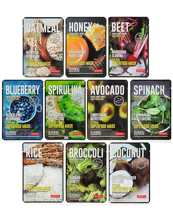 DERMAL Superfood Daily Fresh Care Assorted Sheet Mask Mega 10 Pack- Facial Sheet Mask for Glowing Refreshing Skin - Moisturizing Sheet Masks for All Skin Types' Face Enriched with Natural Ingredients