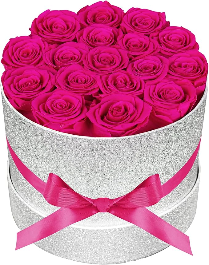 17 Hot Pink Flowers in Glitter Box, Birthday Gifts for Women, Preserved Flowers, Mothers Day Roses Gift for Mom