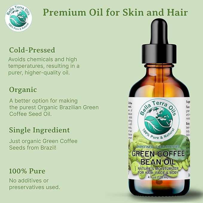 Bella Terra Oils - Green Coffee Bean Oil 8 oz - Famed for Trigonelline & Nutritional Compounds, Elevate Beauty Rituals with this Caffeine Oil Delight