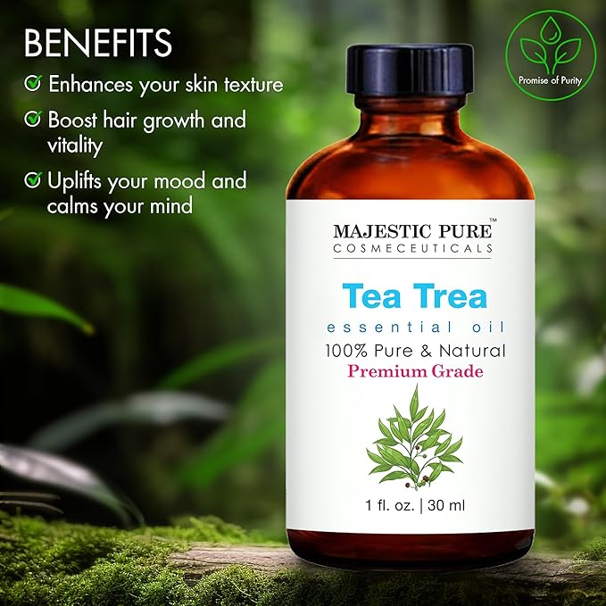 MAJESTIC PURE Tea Tree Essential Oil | 100% Pure and Natural Tea Tree Oil | Premium Grade Essential Oils for Hair Care, Home Diffusers, Skin, Aromatherapy, Massage and Humidifiers | 1 Fl Oz