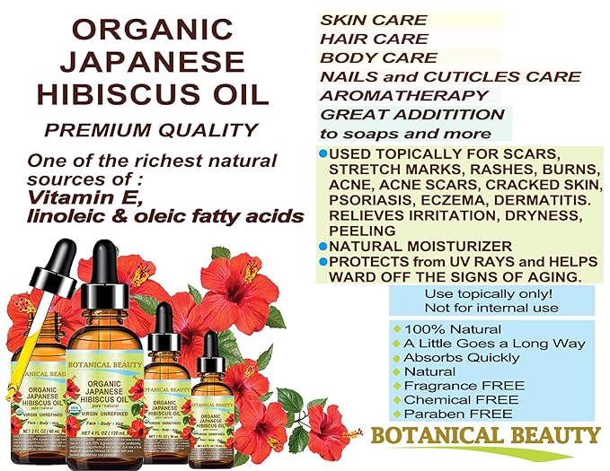Botanical Beauty Organic HIBISCUS OIL (Hibiscus Sabdariffa) JAPANESE 100 Pure Natural VIRGIN UNREFINED COLD PRESSED Anti Aging, Vitamin E oil for FACE, SKIN, HAIR GROWTH 0.5 Fl.oz.- 15 ml