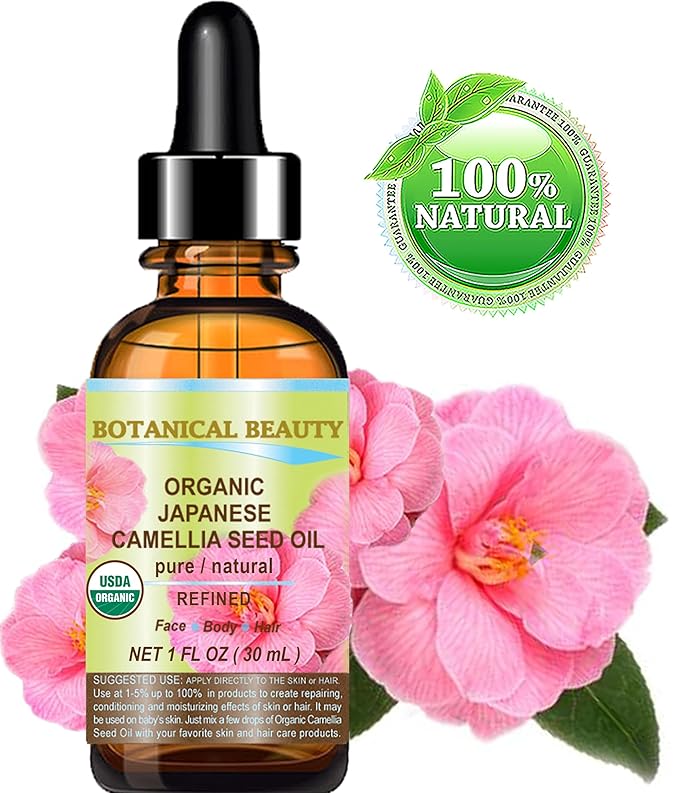 Botanical Beauty Japanese ORGANIC CAMELLIA Seed Oil. 100% Pure Natural Undiluted Refined Cold Pressed Carrier Oil to revitalize and rejuvenate the hair, skin and nails. 1 Fl. oz 30 ml